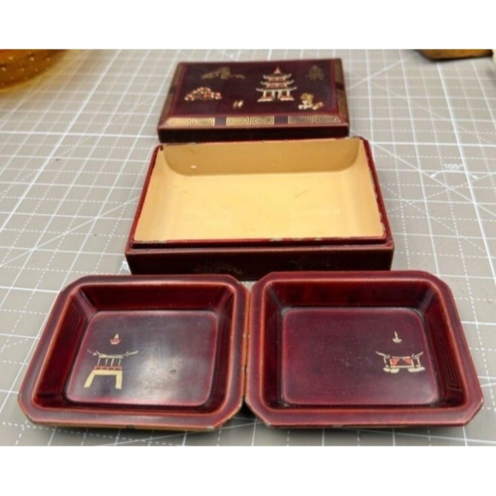 Occupied Japan Maruni Lacquerware Box With Trays Pagoda  Red & Black